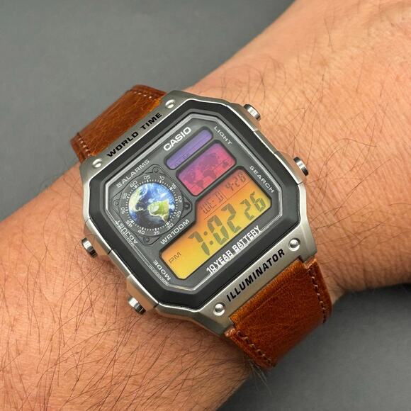 Casio AE1200WH Custom Sunset Filter Globe Leather Strap World Time - Picture 13 of 17